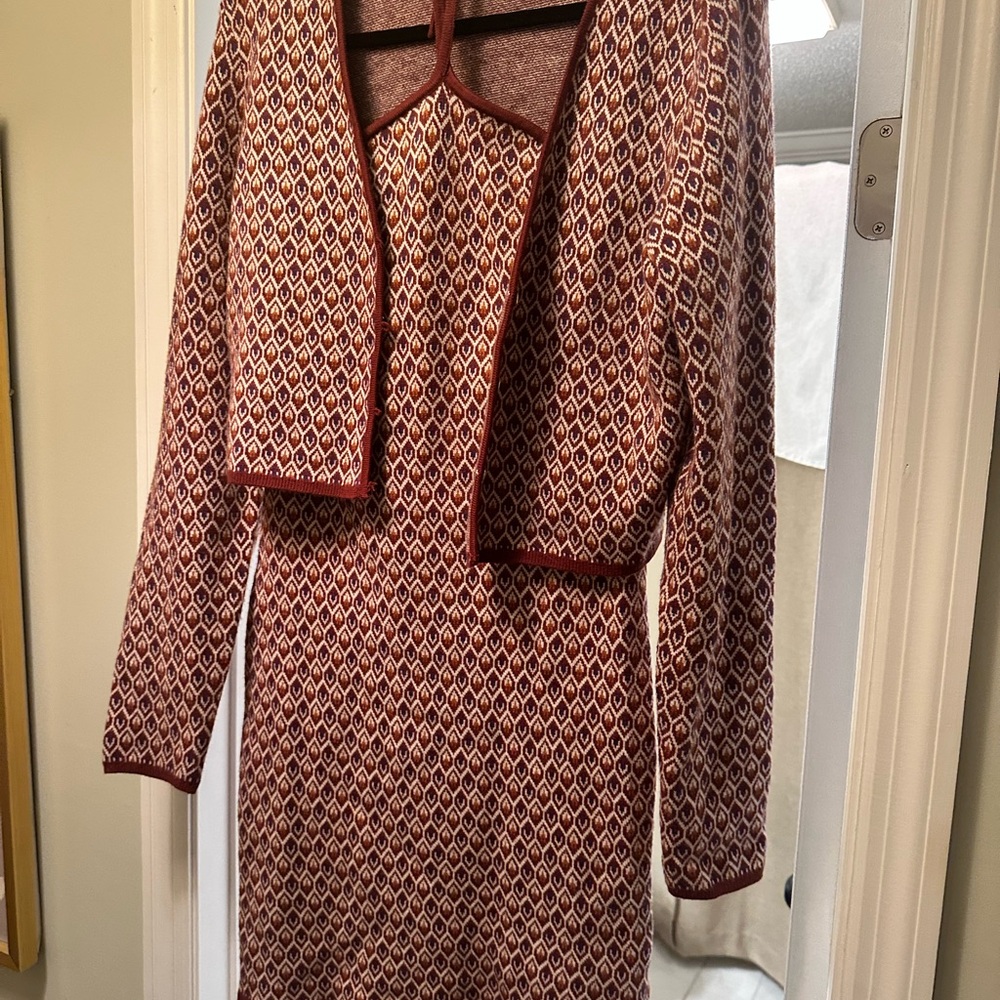 Knit Dress with Matching Cropped Cardigan - Rust/Cream